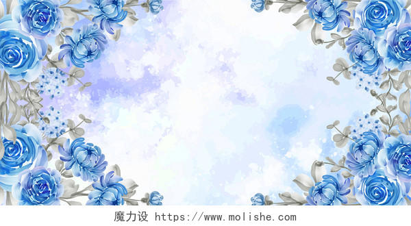 蓝色花朵叶子唯美花边框鲜花背景展板背景